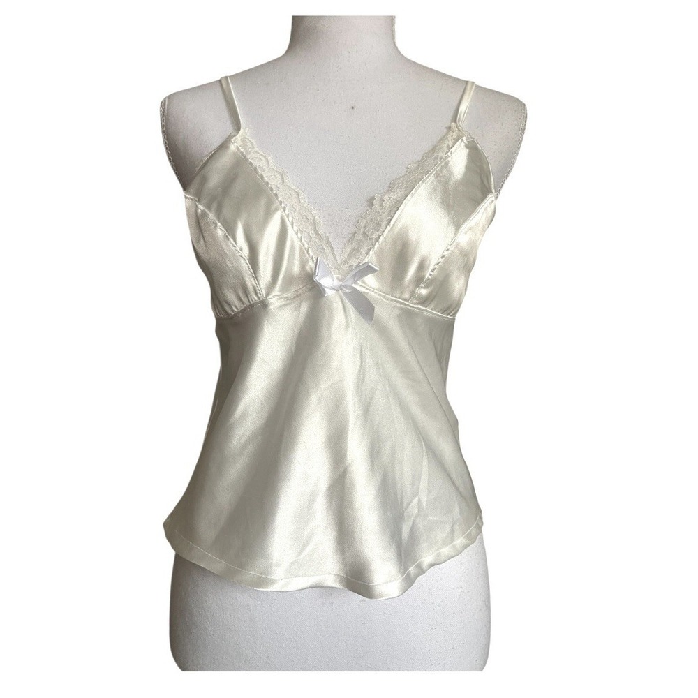 Satin White Ivory‎  Lace Trim Bow Babydoll Camisole Satin Top Coquette Angelcore